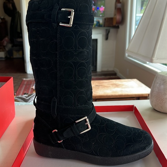 Coach Women's Black Suede Logo Boots Thelma Size 8.5 Calf-high Fur-lined - Picture 2 of 4